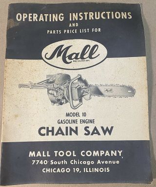Rare Mall Model 10 Chain Saw Operating Instructions And Parts Price List 1950 