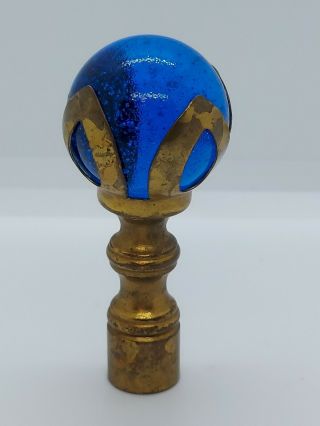 Vintage Antique Brass Blue Glass Marble Ball Lamp Finial Top