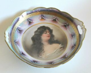 Antique Lusterware Art Nouveau Porcelain Lady Portrait Bowl Prussian? Ilmenau?