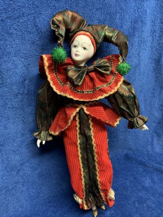 Clown Jester Harlequin Doll Figure Red & Gold T.  B.  Trading Co Vintage Porcelain
