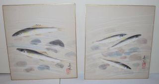 Two Vintage Japanese Water Colors Of Fish