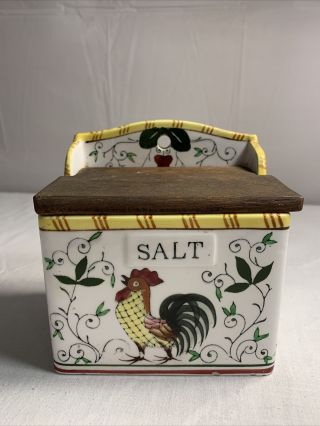 Rare Early Provincial Ucagco Py Rooster & Roses Salt Box Hardware Wood Top