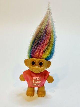 Vintage Russ 3” Lucky Bingo Troll W/ Rainbow Hair And Pink Shirt Troll Doll Toy