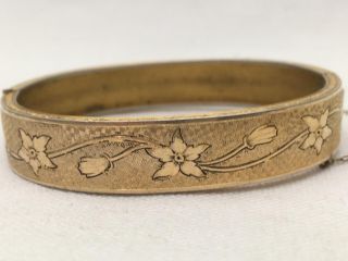 Antique Gold Plate Bangle Bracelet Overall Engraved Design & Flowers