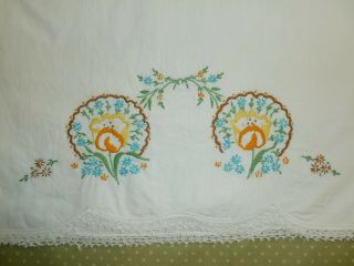 Antique Pillowcases Vintage Hand Embroidered Tulips Flowers Lace