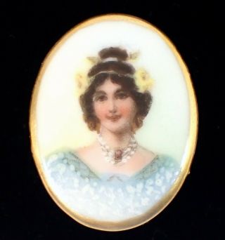Antique 1800s Victorian Hand Painted Porcelain Stud Button Young Lady Portrait