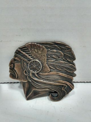 Vintage Indian Chief Head Brass Plated Belt Buckle Antique Good Shape
