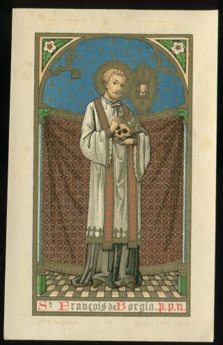 Antique Holy Card Goldened Of St Francois De Borgis With Skull
