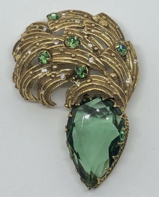 Rare Vintage - Estate Brooch / Pin - Gold Tone & Large Emerald Green Glass Stone