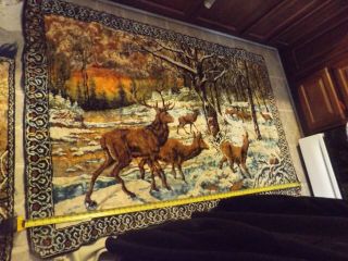 2 - Vtg Tapestry Wall Hanging Rug Elk Buck Stag Deer Lodge Cabin Décor 69x46 "