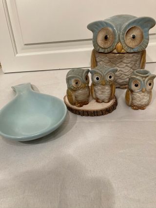 Ceramic Owl Salt & Pepper Glaze Teal Brown Set Canister Toothpick Spoon Rest