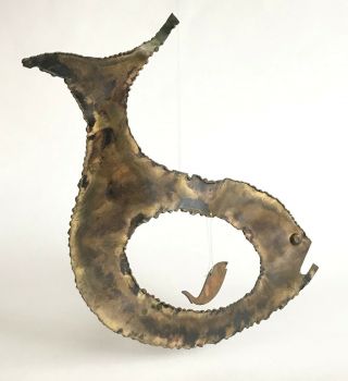 Vintage Mid Century Modern Brutalist Torch Cut Metal Hanging Mobile Fish