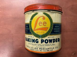 Rare Vintage H.  D.  Lee Mercantile Co.  Baking Powder 1 Pound Tin Salina,  Kansas