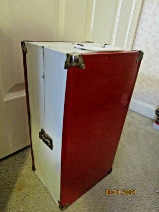 Vintage Metal & Pressed Wood Red & White Doll Carry Case Wardrobe Trunk