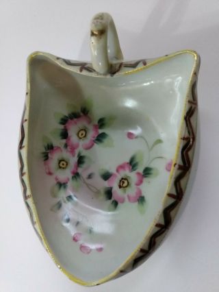 Antique Hand Painted Nippon Nut Dish Floral With Handle 4x6 Gold Worn On Handle