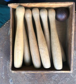 Toy Ten Pins Bowling Game Wooden Milton Bradly Toy Corp Vintage Antique