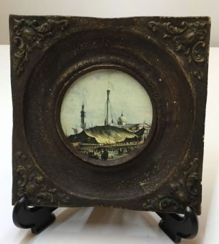 Vintage Round Picture Of A Ship In A Ornate Square Frame 5.  5 X 5.  5 Inches