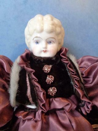 13.  5 " Antique German China Head Doll Marked 2 1/2 " Blonde Low Brow Blue Boots