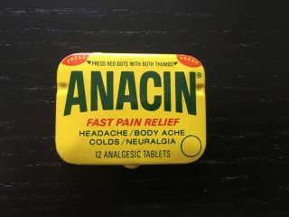 Vintage Medicine Tin Anacin 12 Tablets Yellow Larger Main Logo Vtg Rare