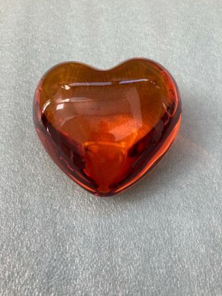 Vintage Baccarat France Crystal Puffed Heart Paperweight Rare Amber Signed 3