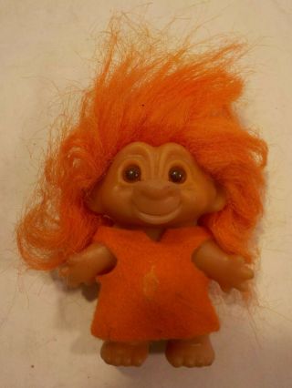 T Vintage 60s 70s Thomas Dam Troll Doll In Felt Dress Orange Hair 4 "