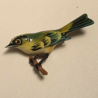 Rare Vintage Takahashi Wood Bird Brooch Pin Hand Painted & Carved Look