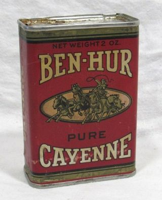 Early Vintage Ben - Hur Cayenne Spice Tin Rare Paper Label 2 Ounce W/ Contents