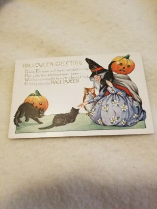 Vintage Antique Halloween Post Card - Witch - Black Cats - Pumpkin 