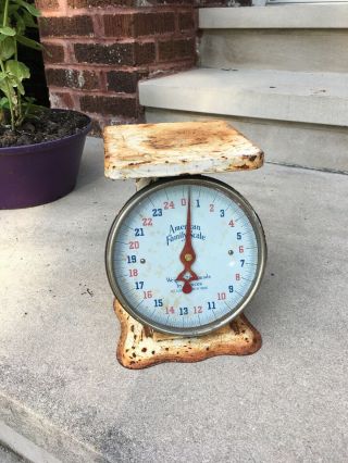 Vintage Antique Red,  White And Blue 25 Lb.  American Family Scale Farmhouse Glass