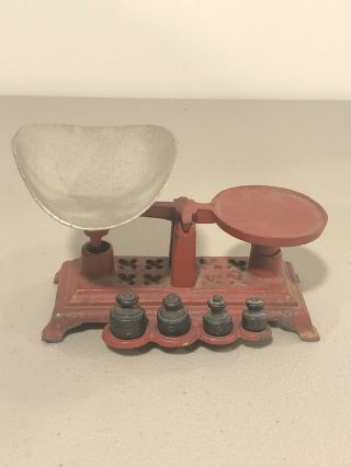 Antique Small Candy Or Novelty Cast Iron Scale W/ Tray & Weights General Store