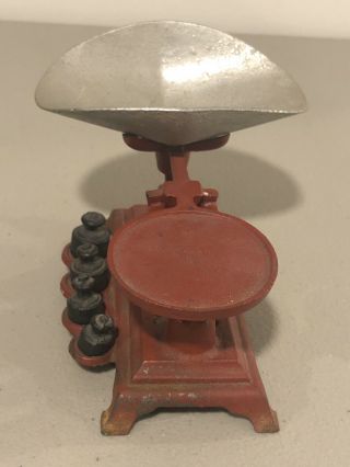 Antique Small Candy or Novelty Cast Iron Scale w/ Tray & Weights General Store 3