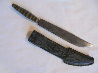 Unusual Vintage / Antique Knife With Tooled Leather Sheath