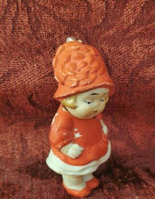 Vintage/antqiue German All Bisque Girl 3 Inch Nodder Doll Wearing A Molded Hat