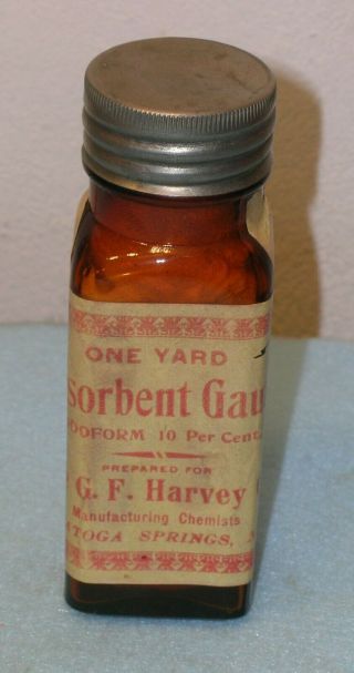 Antique J Ellwood Lee Amber Bottle W/ Iodoform Gauze For C F Harvbey Saratoga Ny