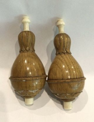 Pair Antique Carved Wood Servant Maid Butler Bell Push