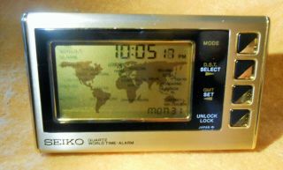 Rare Seiko Quartz World Time Map Digital 3 1/2 " Desk Bronze Pocket Clock Japan
