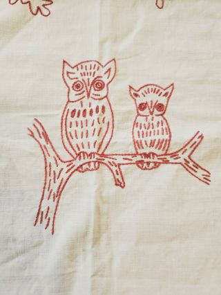 Antique Victorian Red Work Embroidered Fabric Panel Owls Bird Cotton