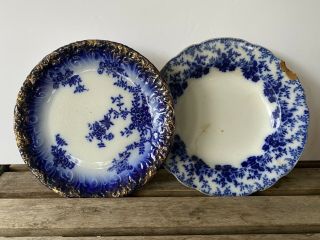 Antique La Belle 9” Dishes Flow Blue Set Of 2 For Craft - Repaired/damaged