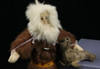 Vintage Eskimo Inuit Doll & Seal Sealskin Fur Parka Leather Beaded Painted Face