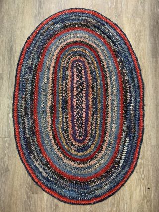 Victorian Rag Braided Rug Handmade Antique Folk Art Oval 45” X 30” Multi Color