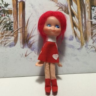 Rare Vintage Red Haired Pixie Elf Girl With Red Dress& Boots,  Valentine Hearts