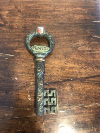 Vintage Rare In Vino Veritas Brass Key Shaped Corkscrew Wine Opener Green Gold