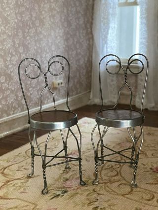 Vintage Miniature Dollhouse 1:12 Pair Signed Hand Made Ice Cream Parlor Chairs