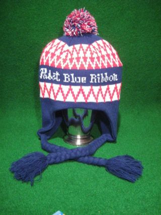 Rare Pabst Blue Ribbon Beer Knit Pom Beanie Skate Ski Snowboard Hat Cap Vintage
