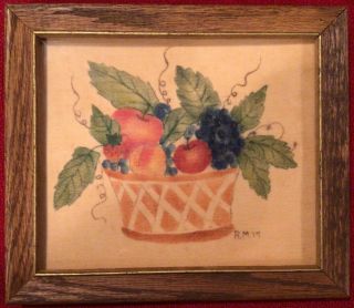 Vintage Small Theorem On Velvet Painting Basket Of Fruit Framed Signed Rm 7 " X6 "