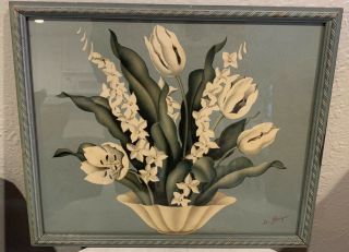Vintage Sanford De Jonge Mid Century Shabby Chic Framed Floral Print Art Deco