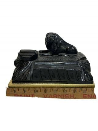 Antique 19th Century Carved Wood Inkstand Inkwell Folk Art Black Lion Motif