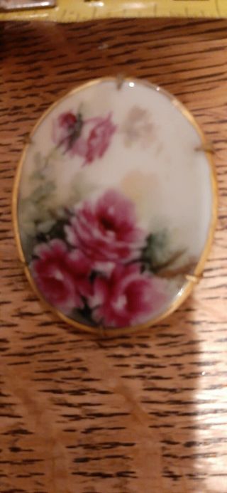 Antique Victorian Brooch Hand Painted Roses On Porcelain 2 "