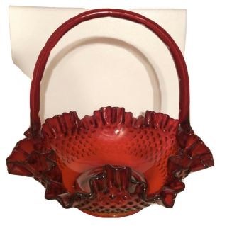 Rare Vintage Fenton Ruby Red Hobnail Glass Basket With Ruby Red Handle