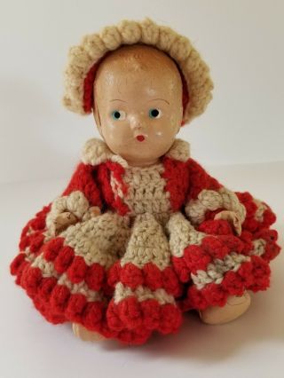 Antique Composition Baby Doll 9 " Red & Beige Crocheted Dress